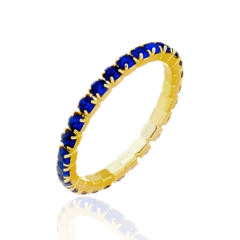 Anel aparador folheado a ouro com pedras de strass na cor azul safira
