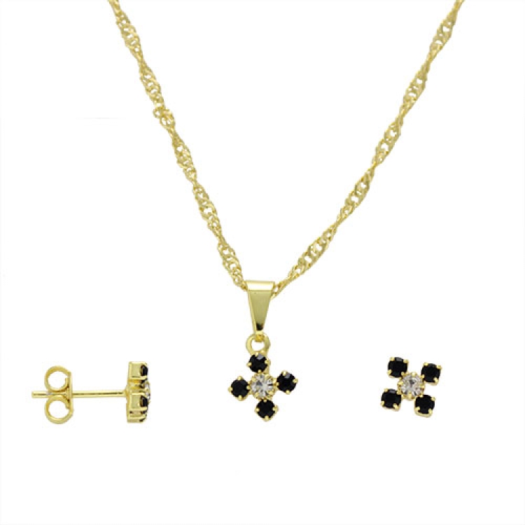 Foto 1 do Produto Conjunto folheado a ouro com brincos e pingente em forma de flor com strass