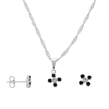 Conjunto folheado a prata com brincos e pingente em forma de flor com strass