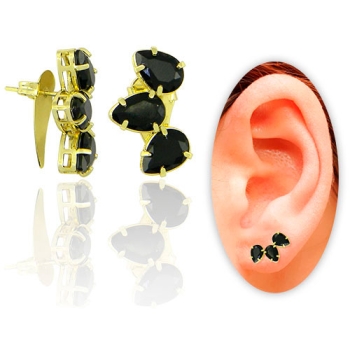 Brinco Ear Cuff folheado a ouro com pedras de vidro lapidado em forma de gota