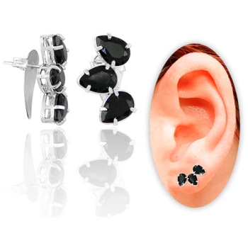 Brinco Ear Cuff folheado a prata com pedras de vidro lapidado em forma de gota