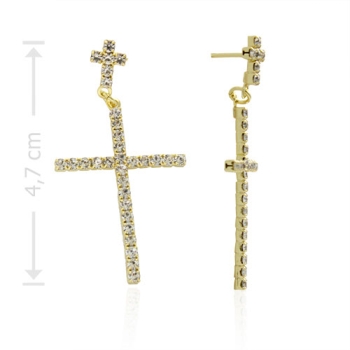 Brinco crucifixo duplo folheado a ouro com strass