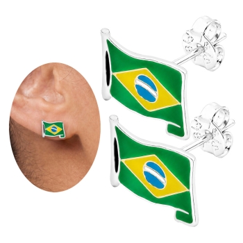 Brinco Bandeira do Brasil Ondulada folheado a prata com resina