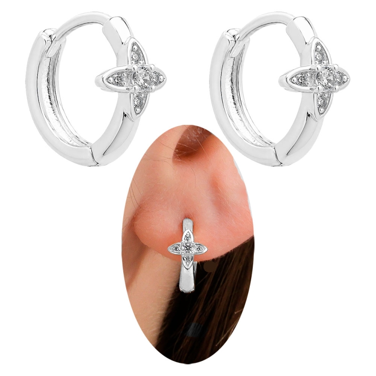 Foto 1 do Produto Brinco de argola articulado folheado a prata com adorno em forma de flor com micro-zircônias