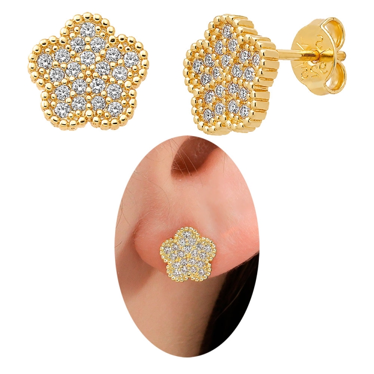 Foto 1 do Produto Brinco folheado a ouro em forma de flor com micro-zircônias cravejadas