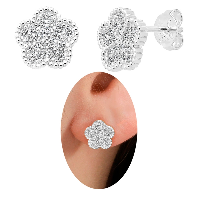 Foto 1 do Produto Brinco folheado a prata em forma de flor com micro-zircônias cravejadas