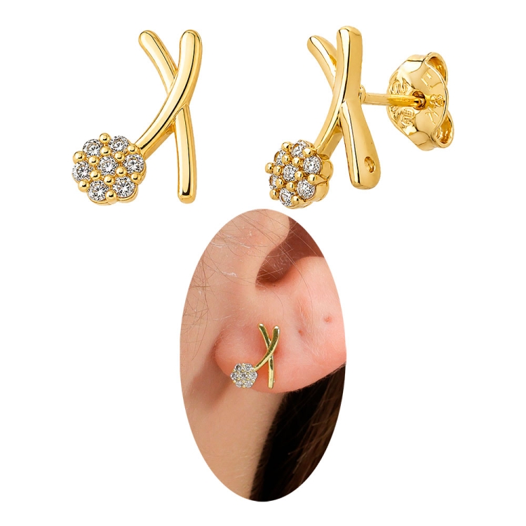 Foto 1 do Produto Brinco folheado a ouro em forma de X com adorno em forma de flor com micro-zircônias