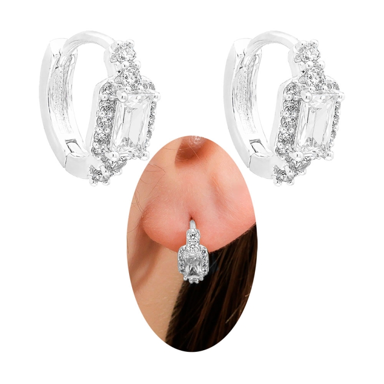 Foto 1 do Produto Brinco de argola articulado folheado a prata com micro-zircônias e pedra carrê em zircônia
