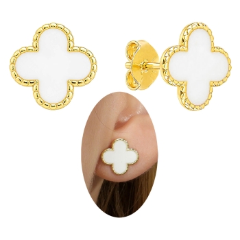 Brinco Virginia com trevo branco folheado a ouro