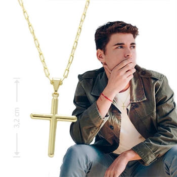 Gargantilha masculina folheada a ouro com crucifixo liso