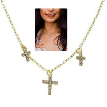 Gargantilha choker folheada a ouro com 3 crucifixos em strass