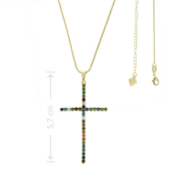 Gargantilha folheada a ouro com crucifixo de strass multicolorido