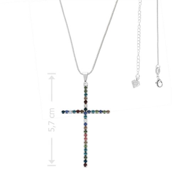 Gargantilha folheada a prata com crucifixo de strass multicolorido