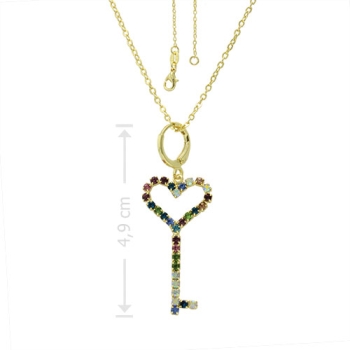 Gargantilha folheada a ouro com pingente de strass multicolorido em forma chave