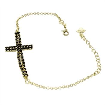 Pulseira folheada a ouro com cruz feita de strass