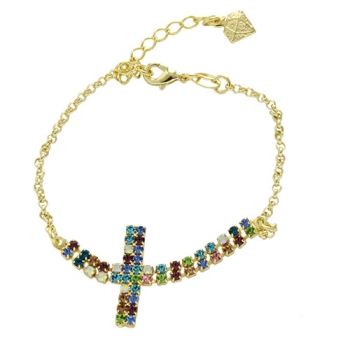 Pulseira folheada a ouro com adereço de strass multicolorido em forma de cruz