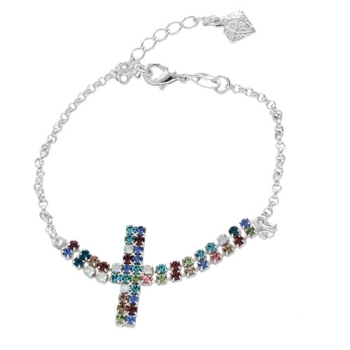 Pulseira folheada a prata com adereço de strass multicolorido em forma de cruz