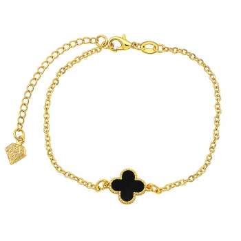 Pulseira Virginia com pingente trevo preto folheada a ouro
