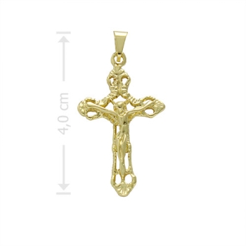 Crucifixo folheado a ouro com detalhes vazados e em alto relevo